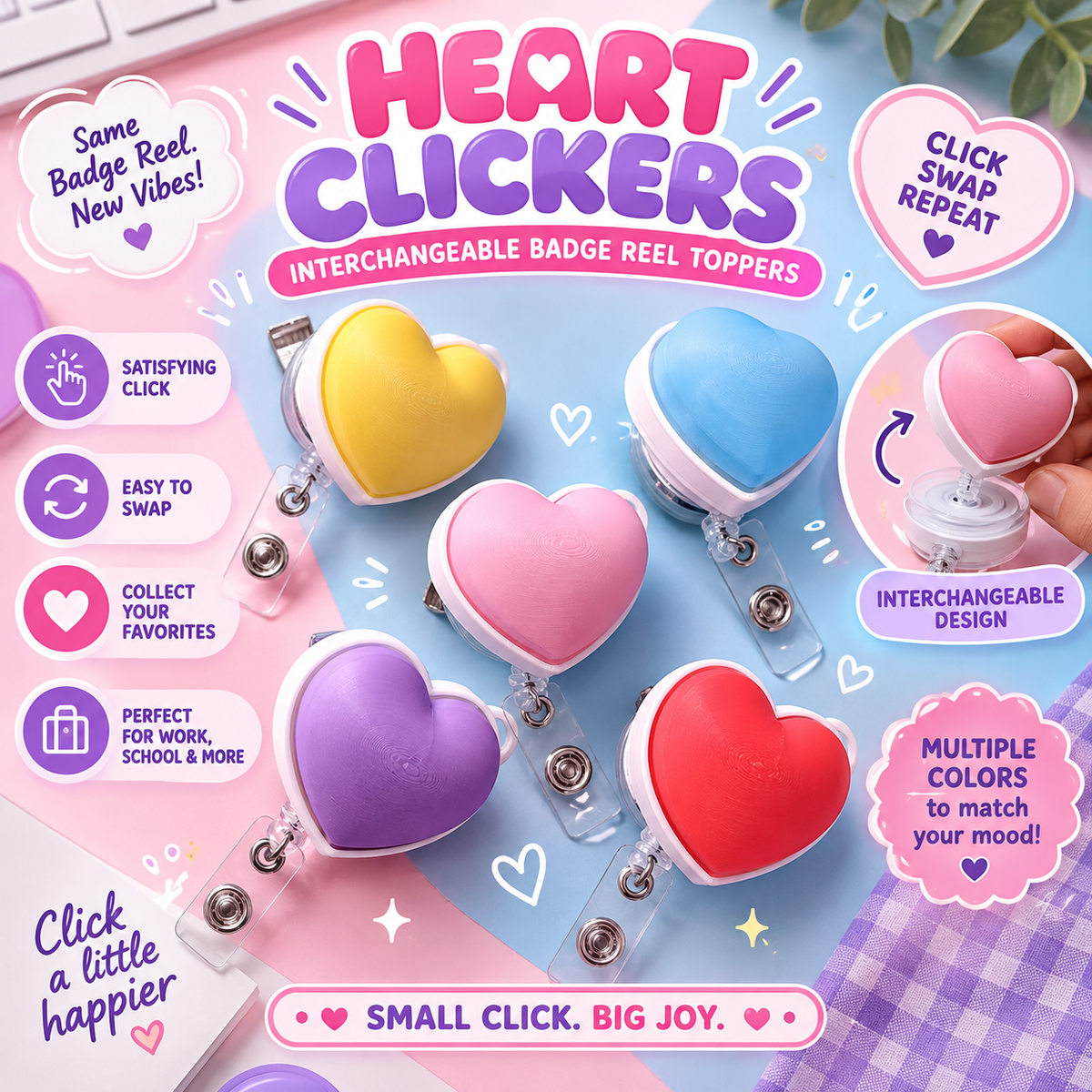 Interchangeable Heart Clicker Badge Reel
